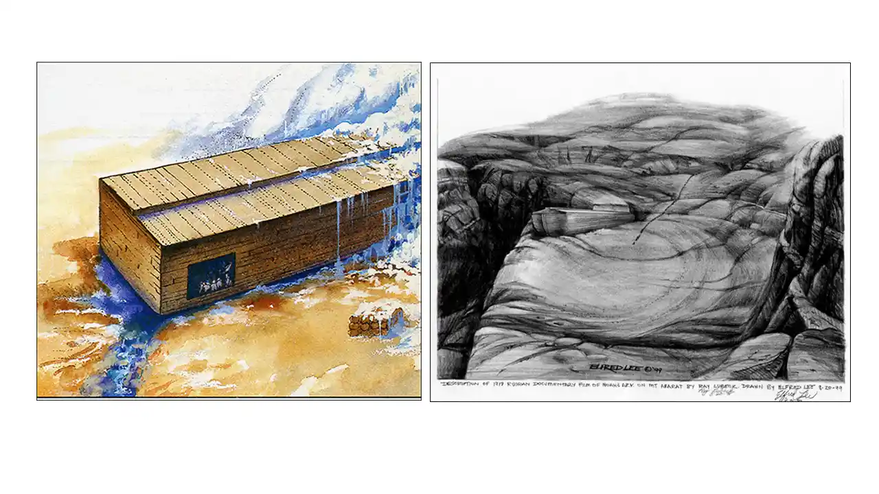Descrição do documentário russo de 1917 sobre a Arca de Noé no Monte Ararate por Ray Lubeck. Desenhado por Elfred Lee, 20 de agosto de 1999.